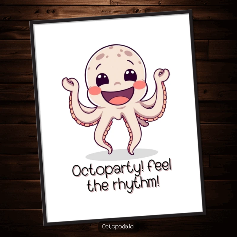 Funny Free Printable Wall Art: A highly enthusiastic octopus with a wide grin doing a celebratory dance, bringing joy to any room, downloadable.