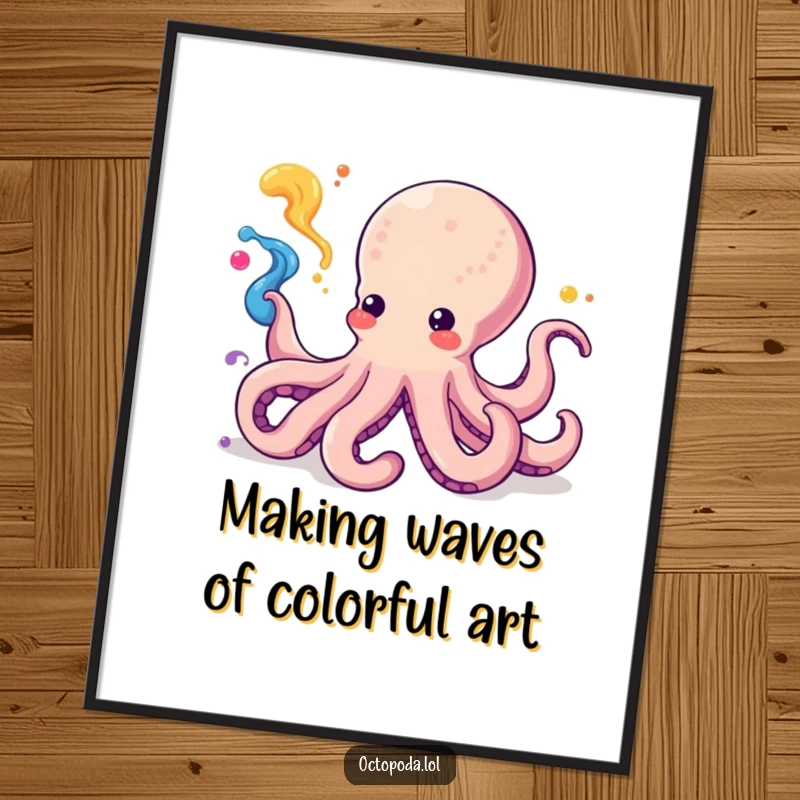 Funny Free Printable Wall Art: Vibrant kawaii octopus joyfully spraying colorful ink in a mesmerizing swirling pattern.
