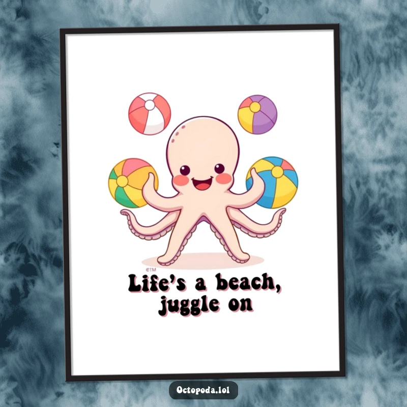 Funny Free Printable Wall Art: A smiling octopus expertly juggles three colorful beach balls with its arms, creating lively decor.