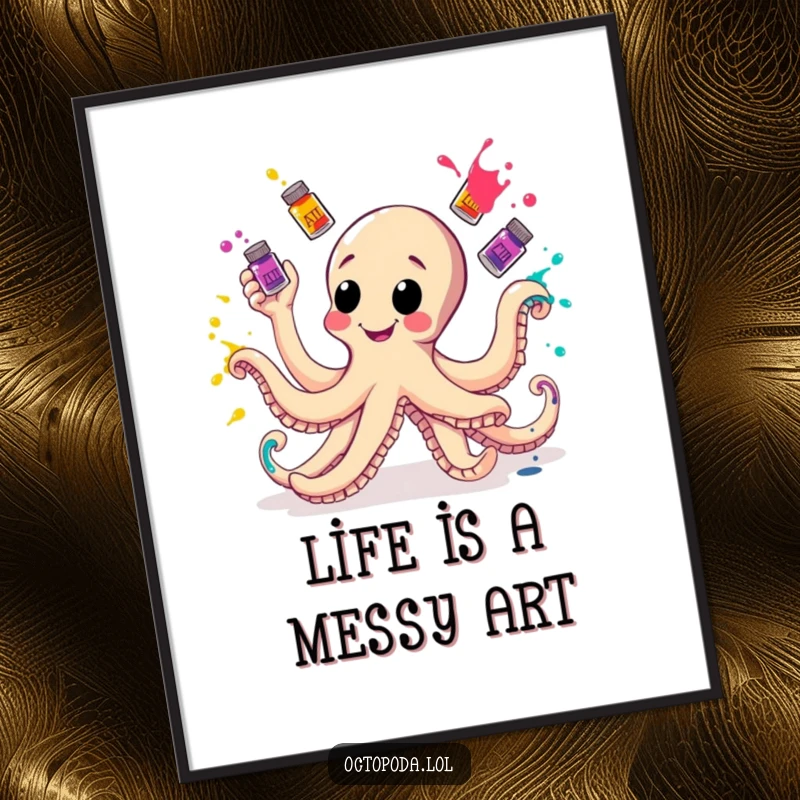 Funny Free Printable Wall Art: Cheerful octopus juggles colorful ink bottles with playful splatters, vibrant decor.