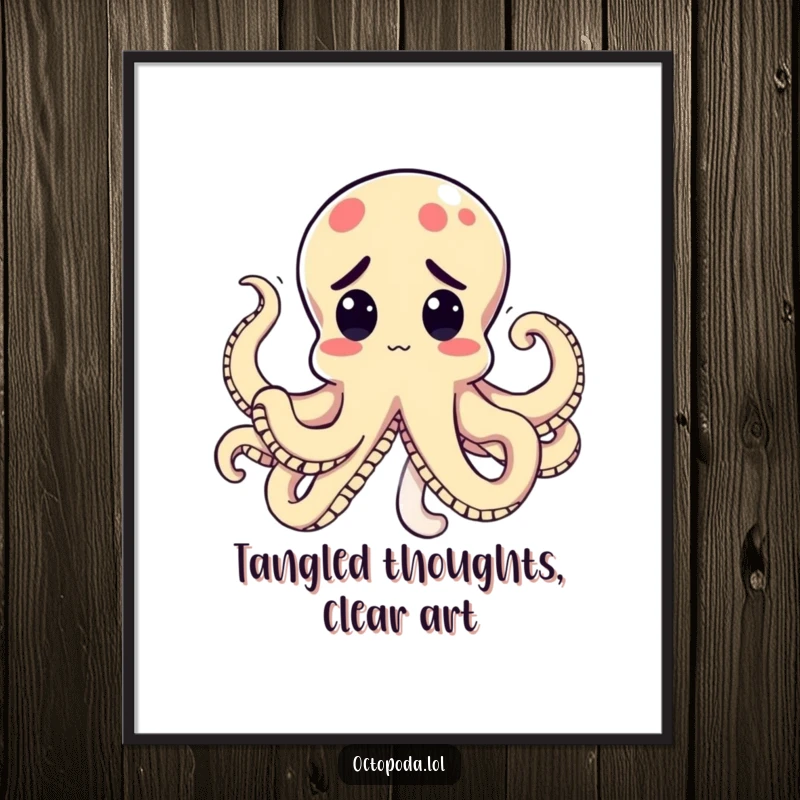 Funny Free Printable Wall Art: A kawaii octopus whose tentacles are humorously tied in a complex knot, looking completely perplexed.