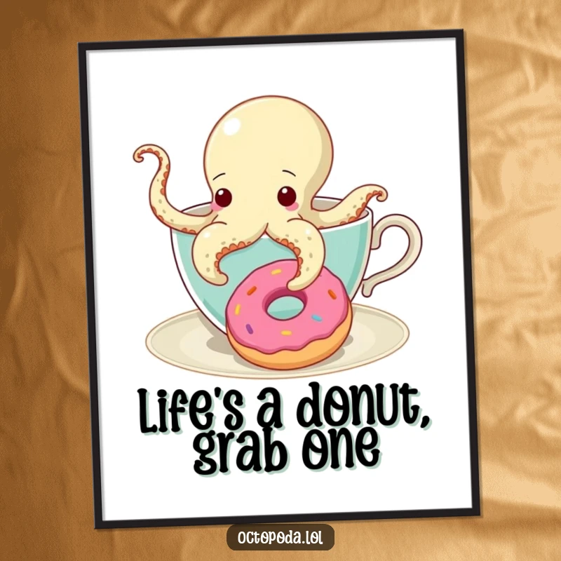 Funny Free Printable Wall Art: Octopus peeks from teacup, reaching for a donut, whimsical and cute.