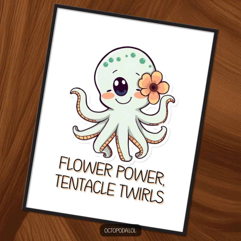 Funny Free Printable Wall Art: Happy, dancing octopus character with flower behind eye, swirling joyfully, bringing vibrant energy, digital art.