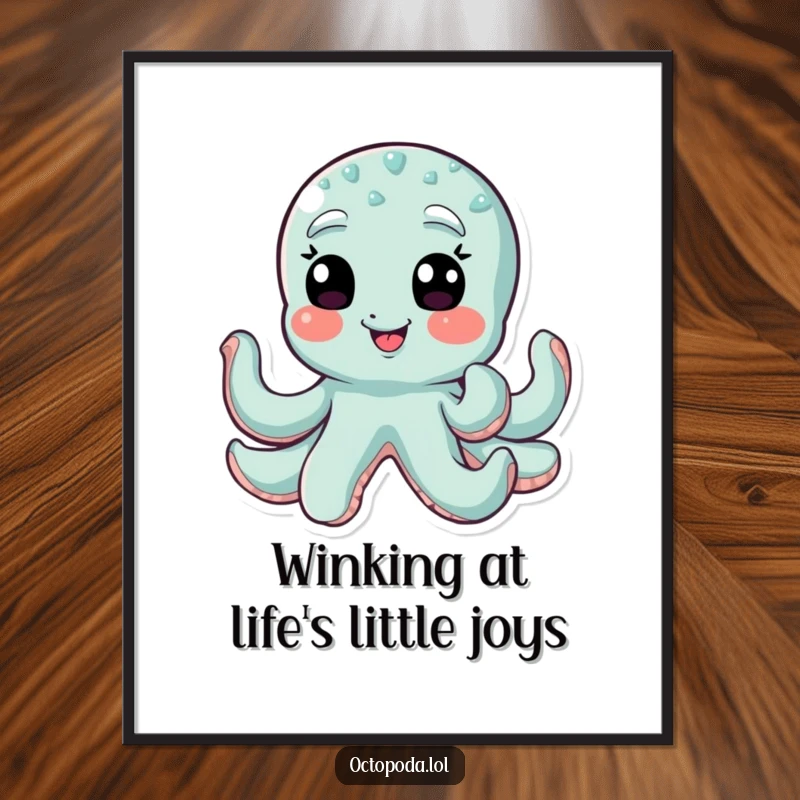 Funny Free Printable Wall Art: A giggling octopus character winking playfully with all of its multiple eyes, full of mischief.