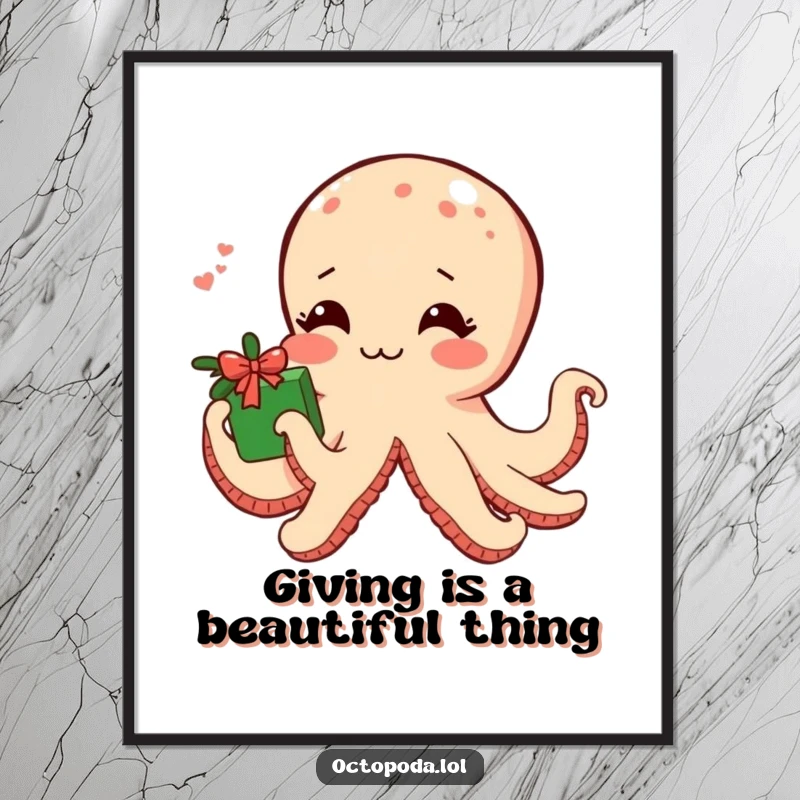 Funny Free Printable Wall Art: A shy octopus blushes, offering a small seaweed-wrapped gift, adding a touch of sweet quirkiness.