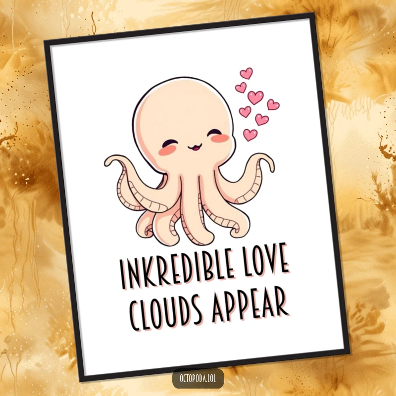 Funny Free Printable Wall Art: Mischievous baby octopus character blowing tiny ink clouds shaped like hearts, a whimsical and loving digital art.