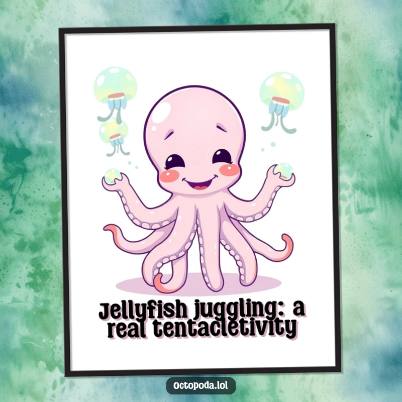 Funny Free Printable Wall Art: Giggling octopus character joyfully juggling glowing jellyfish, adding whimsical charm to any room, digital download.