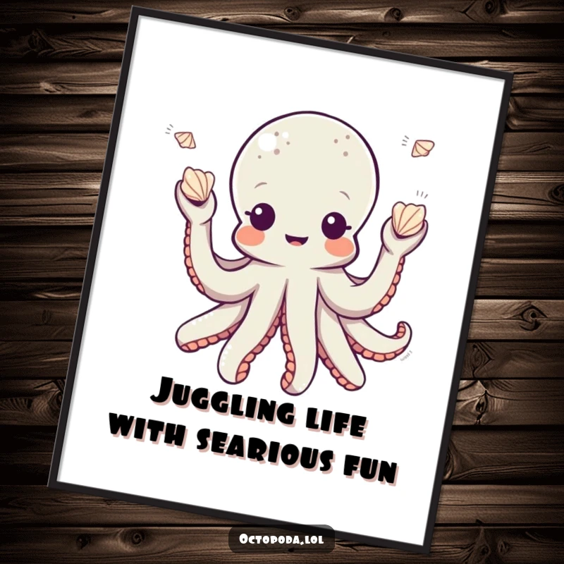 Funny Free Printable Wall Art: A playful octopus character juggling several small seashells with impressive skill and charm.