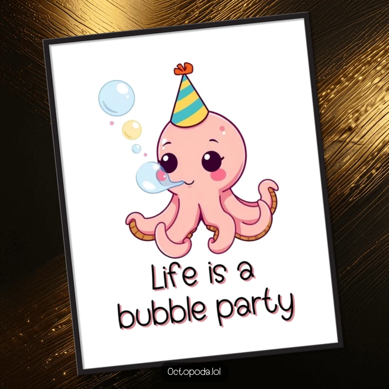 Funny Free Printable Wall Art: A charming octopus in a party hat blows a large, colorful bubble, adding playful decor.