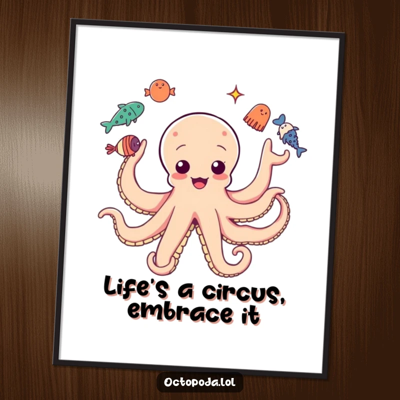 Funny free printable wall art: An octopus with multiple arms joyfully juggling different sea creatures in a playful scene.