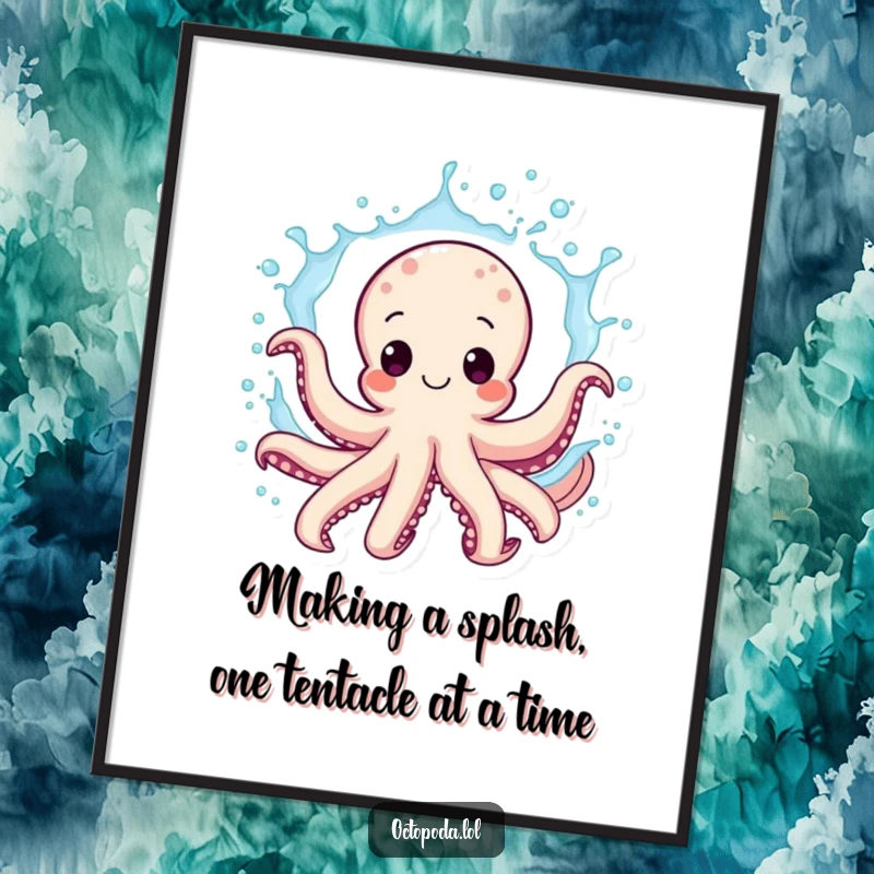 Funny Free Printable Wall Art of an energetic octopus character exuberantly splashing water, a delightful piece of downloadable art.