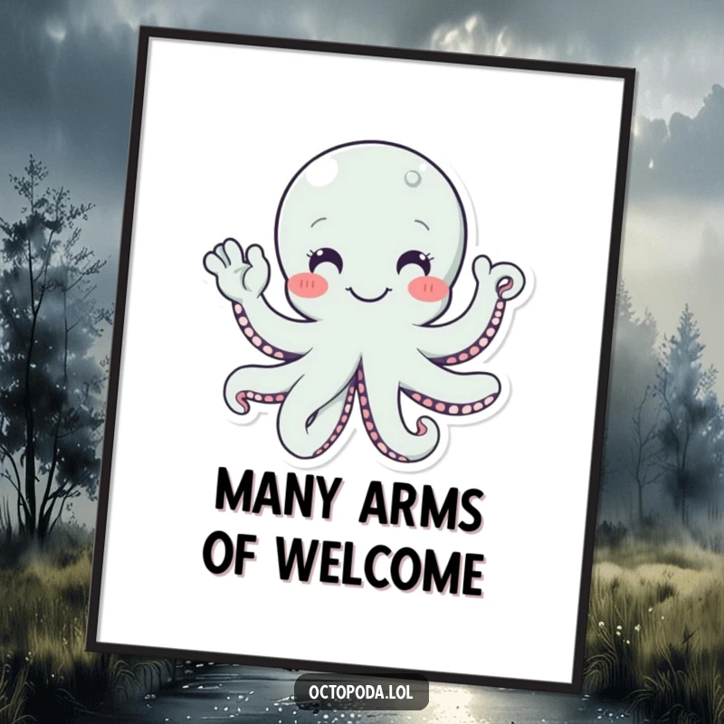 Funny free printable wall art of a smiling octopus character with numerous tentacles waving a cheerful hello.