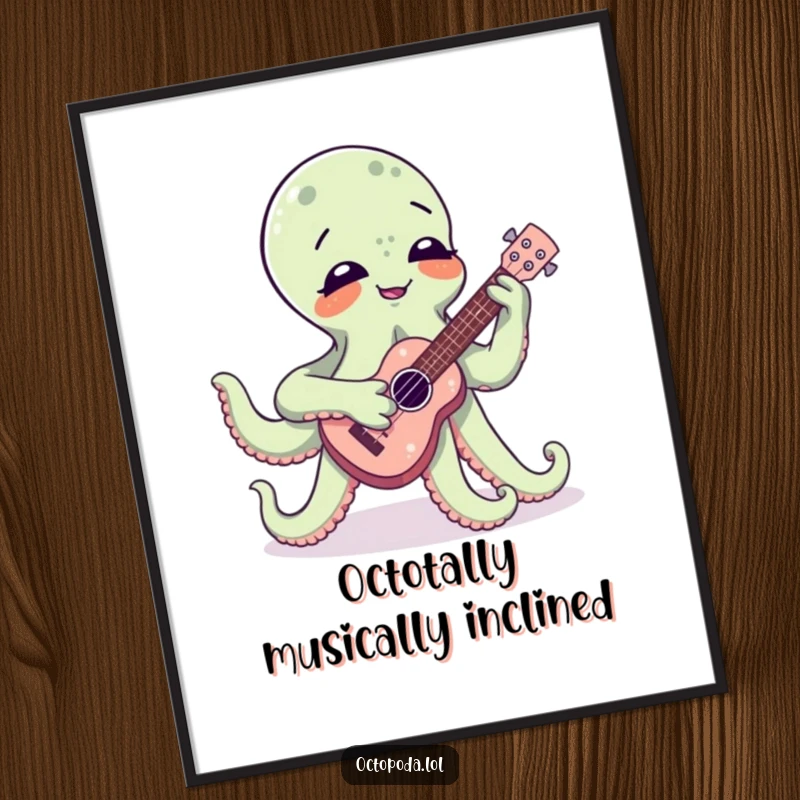 Funny Free Printable wall art of a giggling octopus enthusiastically playing a tiny ukulele with all its limbs, adding musical humor to any room.