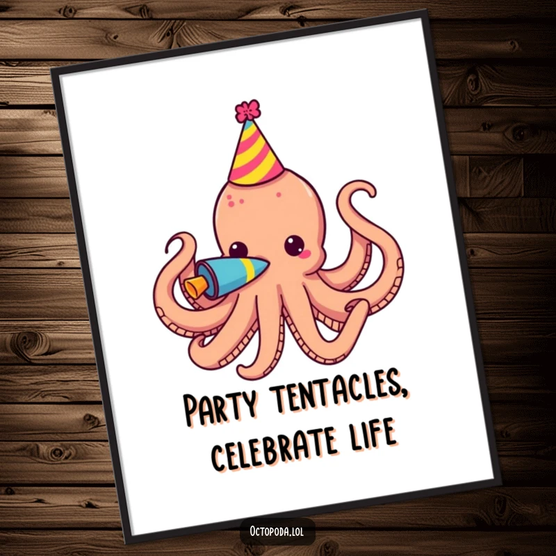 Funny Free Printable Wall Art: Octopus in a tiny party hat blows a brightly colored party horn.