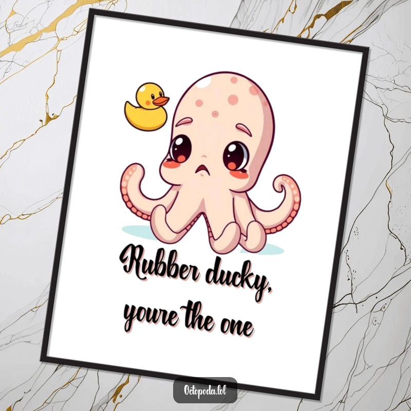 Funny Free Printable wall art showing a comically shocked octopus with wide eyes fixated on a rubber ducky floating in water, an amusing scene.