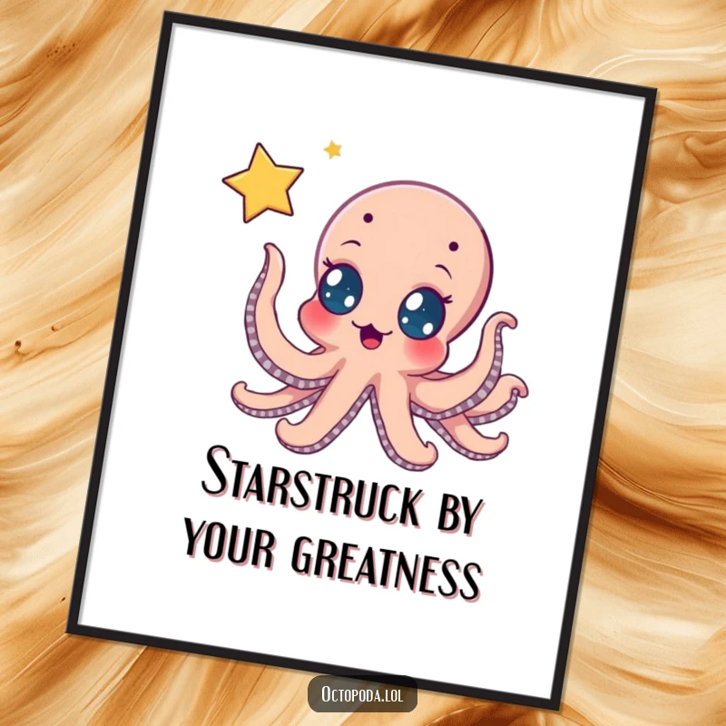 Funny Free Printable Wall Art: An octopus with wide, excited eyes stretching towards a beautifully shimmering, floating star.