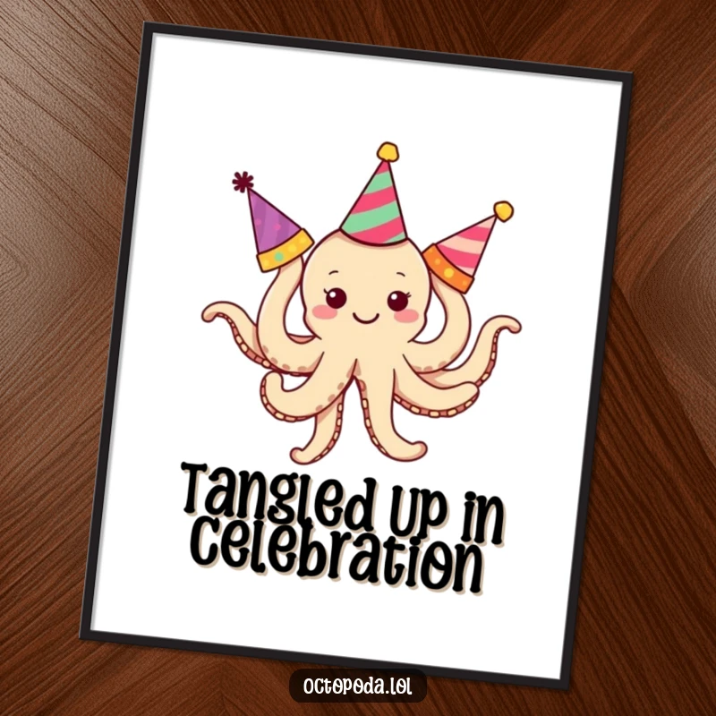 Funny Free Printable Octopus Wall Art: Tiny octopus struggling to wear multiple party hats. Whimsical art.