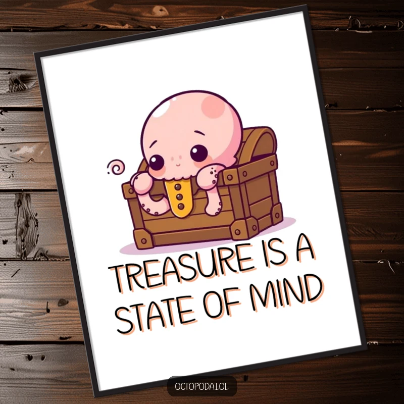 Funny Free Printable Wall Art: A curious octopus peeking playfully from behind a treasure chest filled with shiny objects, a whimsical downloadable art piece.