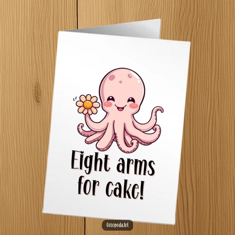 Funny Free Printable Birthday Card: Happy octopus with a tentacle holding a vibrant flower, offering a cheerful greeting.