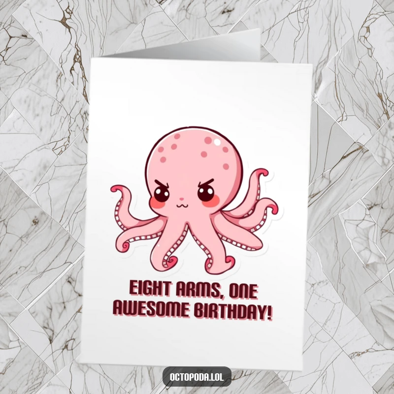 Funny Free Printable Octopus Birthday Card: Determined little octopus swims with a tiny, focused expression, ready for celebration.
