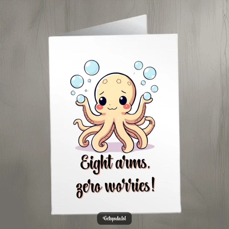 Funny Free Printable Birthday Card: An octopus skillfully juggling eight tiny, iridescent bubbles, symbolizing a fun and festive birthday wish, printable.