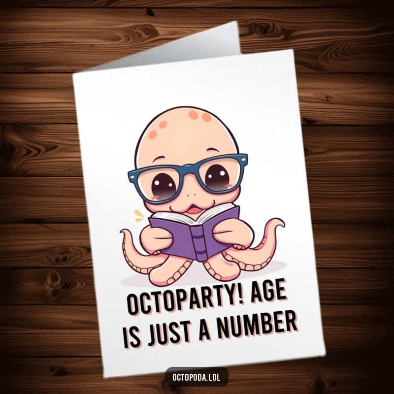 Funny Free Printable Birthday Card: An octopus with huge glasses struggles to read a tiny book, perfect for a funny card.