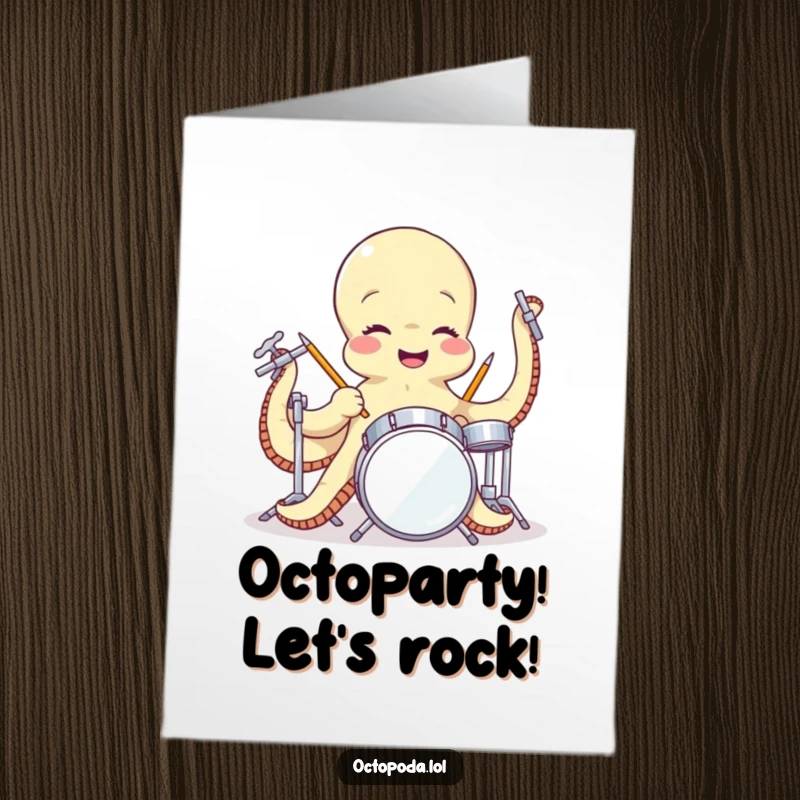 Funny Free Printable Birthday Card: Giggling octopus enthusiastically plays tiny drums with all tentacles, spreading musical cheer.