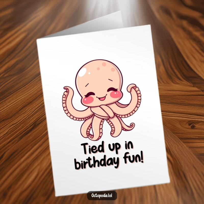 Funny Free Printable Birthday Card: Giggling octopus playfully tied in a knot, wiggling with pure joy, ready for a laugh.
