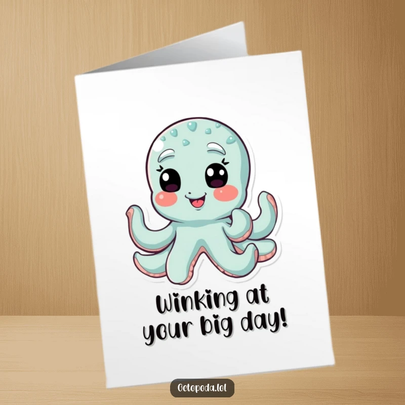 Funny Free Printable Birthday Card: A giggling octopus character winking with all of its numerous eyes, spreading cheer.