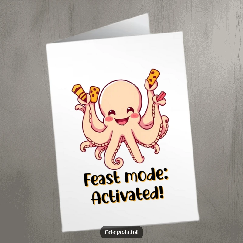 Funny Free Printable Birthday Card: A grinning octopus excitedly uses all its arms to grab as many tasty snacks as possible.