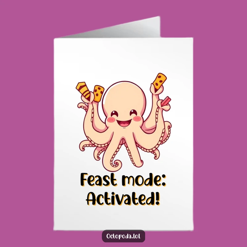 Free Printable Birthday Card: Greedy Octopus Snacks, Funny Downloadable Party Gift