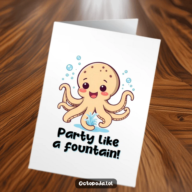 Funny Free Printable Birthday Card: A happy octopus spraying water like a joyful fountain, celebrating a special day with zest.