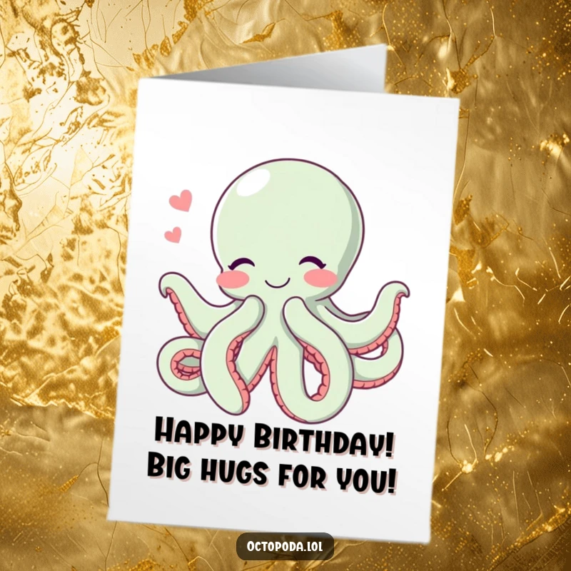 Funny Free Printable Birthday Card: A happy, blushing octopus gives a big hug with all its tentacles, conveying warmth.