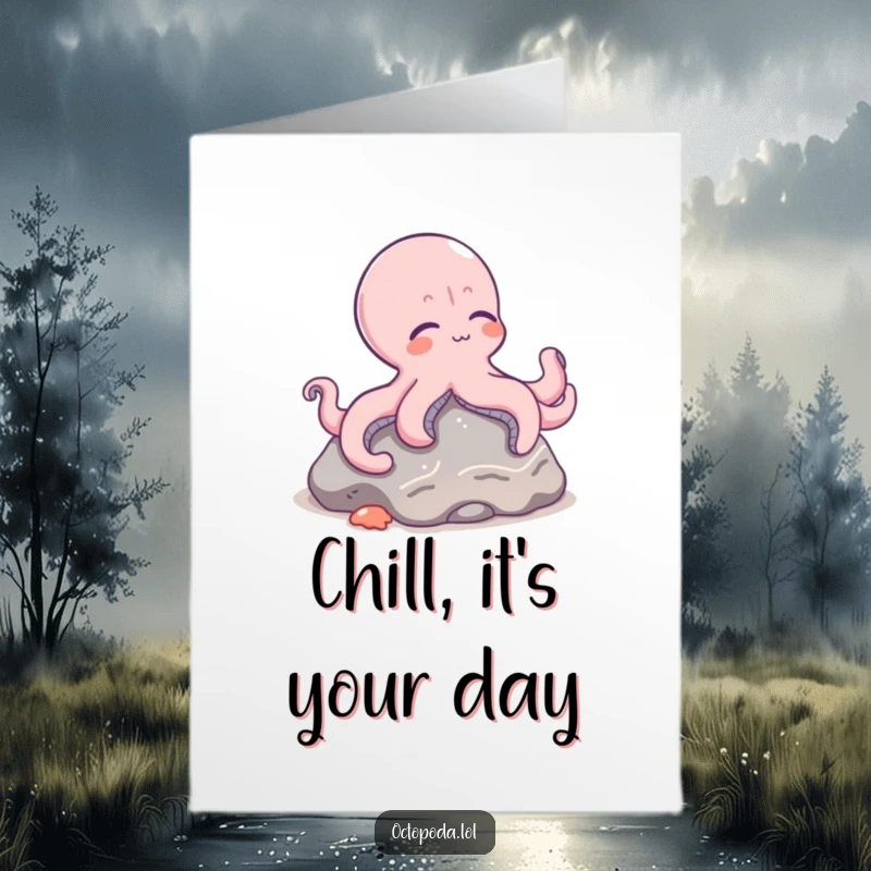 Funny Free Printable Birthday Card: A contented octopus lounges lazily on a smooth seafloor rock, radiating pure relaxation.
