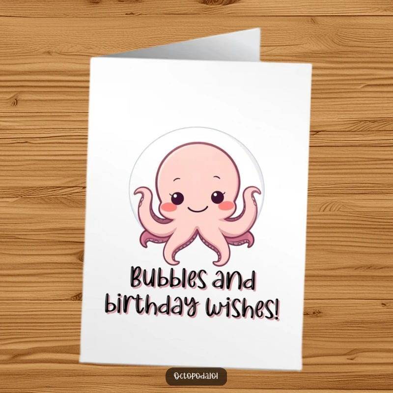 Funny Free Printable Birthday Card: A shy octopus peeks its head out from behind a large, cheerful, smiling bubble.