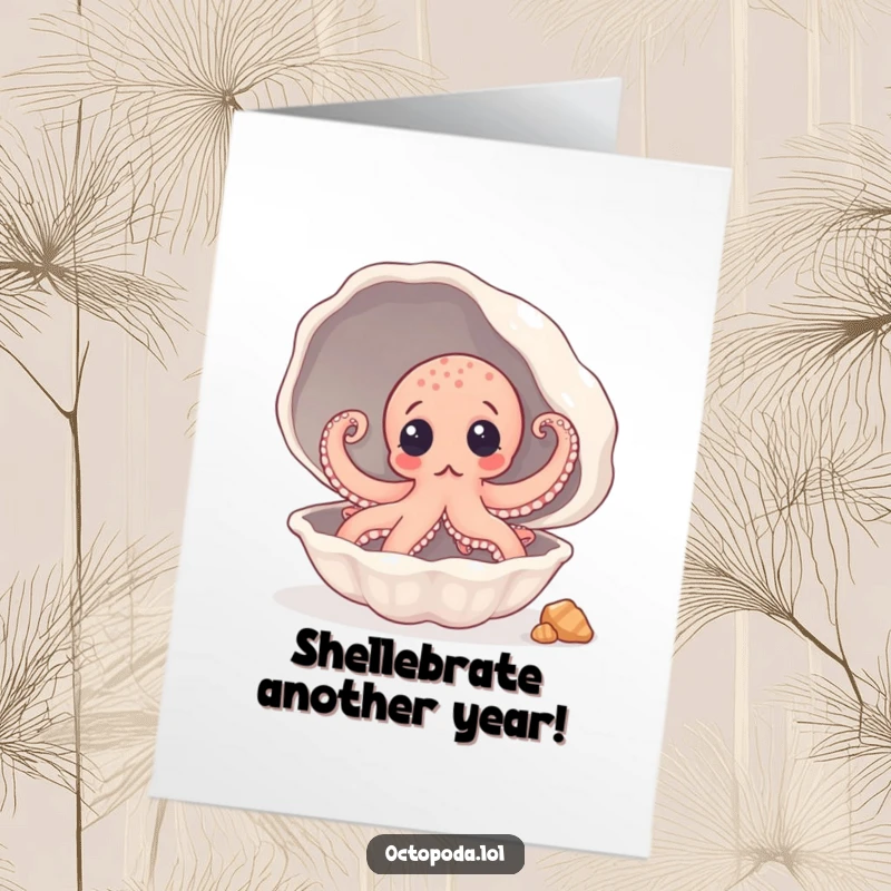 Funny Free Printable Birthday Card: Surprised octopus with wide eyes peeking from a giant seashell, a delightful birthday treasure.