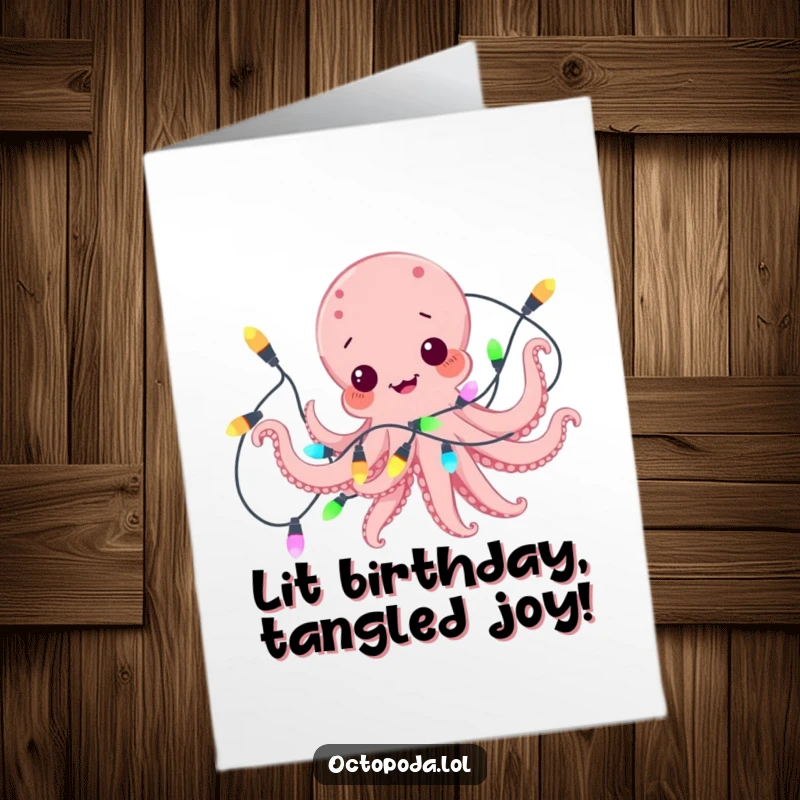 Funny Free Printable birthday card featuring a comical octopus playfully tangled in a string of colorful lights, spreading festive cheer.