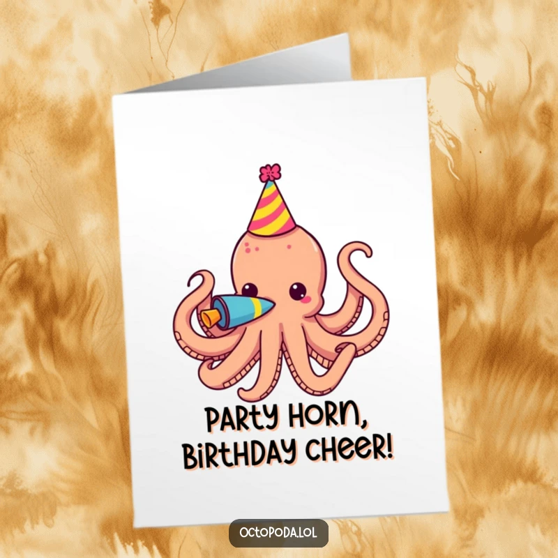 Funny Free Printable Birthday Card: Octopus in party hat blows a party horn, celebrating with gusto.