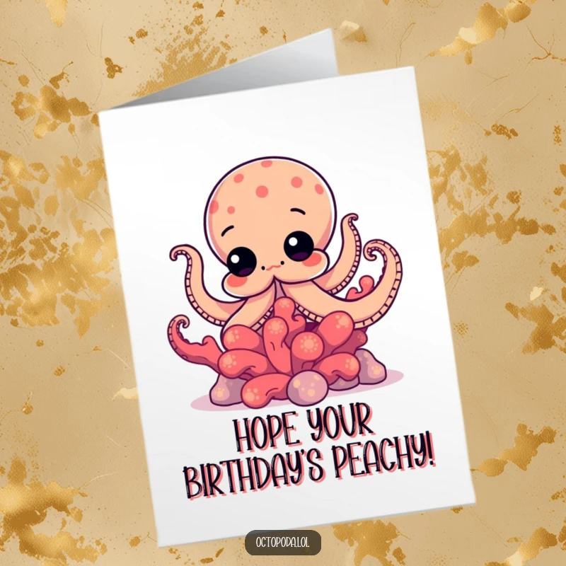 Funny free printable birthday card: A curious octopus with wide eyes peeks playfully from behind a brightly colored, vibrant coral.