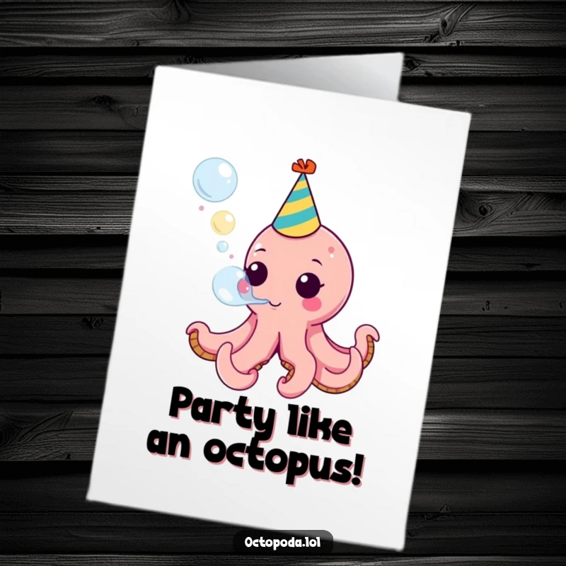Funny Free Printable Birthday Card: A cute octopus in a party hat joyfully blows a giant, colorful bubble, wishing a happy birthday.