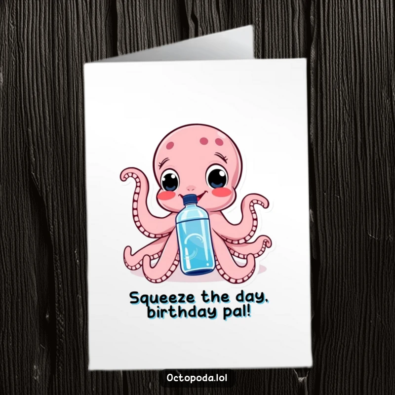 Funny Free Printable Birthday Card: A smiling octopus with big eyes playfully squeezes a water bottle, showering birthday wishes.