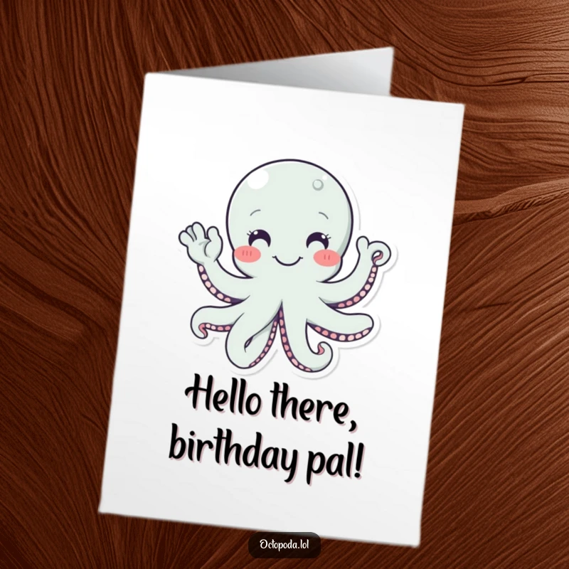 Funny free printable birthday card of a smiling octopus character with many tentacles enthusiastically waving hello.
