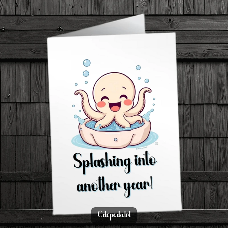 Funny Free Printable Octopus Birthday Card: Excited octopus gleefully splashing in a bubbly pool. Joyful.