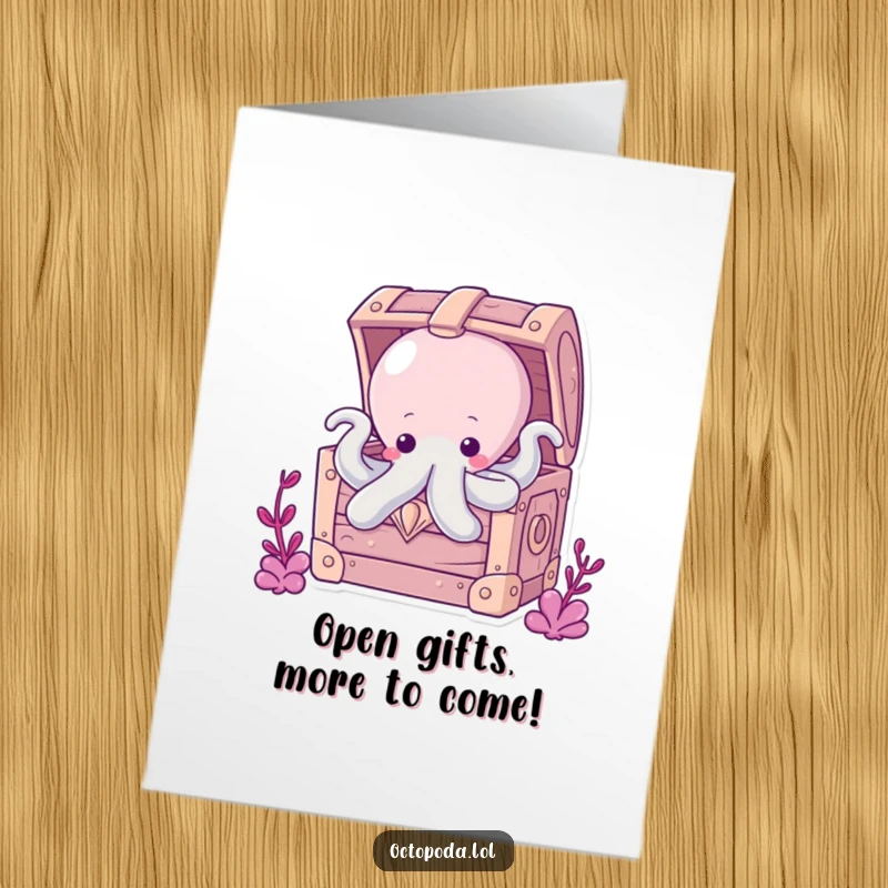 Funny Free Printable Octopus Treasure Birthday Card: A chubby octopus peeking from a bubbly treasure chest, wishing a fantastic birthday.