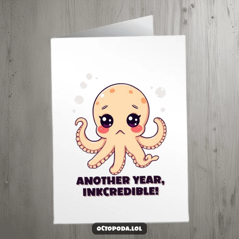 Funny Free Printable Birthday Card: A surprised octopus with wide eyes floats in a bubbly sea, a hilarious ocean-themed surprise.