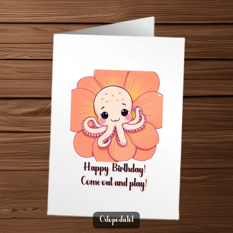 Funny Free Printable Birthday Card: A shy octopus peeks from behind a large flower, perfect for a gentle birthday wish.