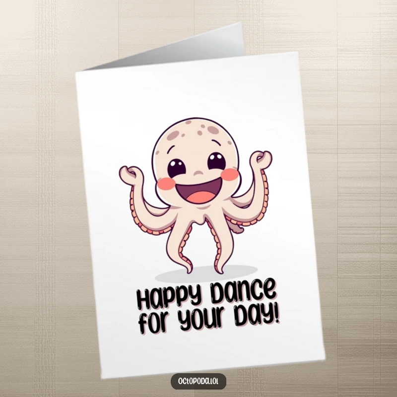 Funny Free Printable Birthday Card: A jubilant octopus with a massive grin doing a happy dance, embodying pure birthday celebration, printable.