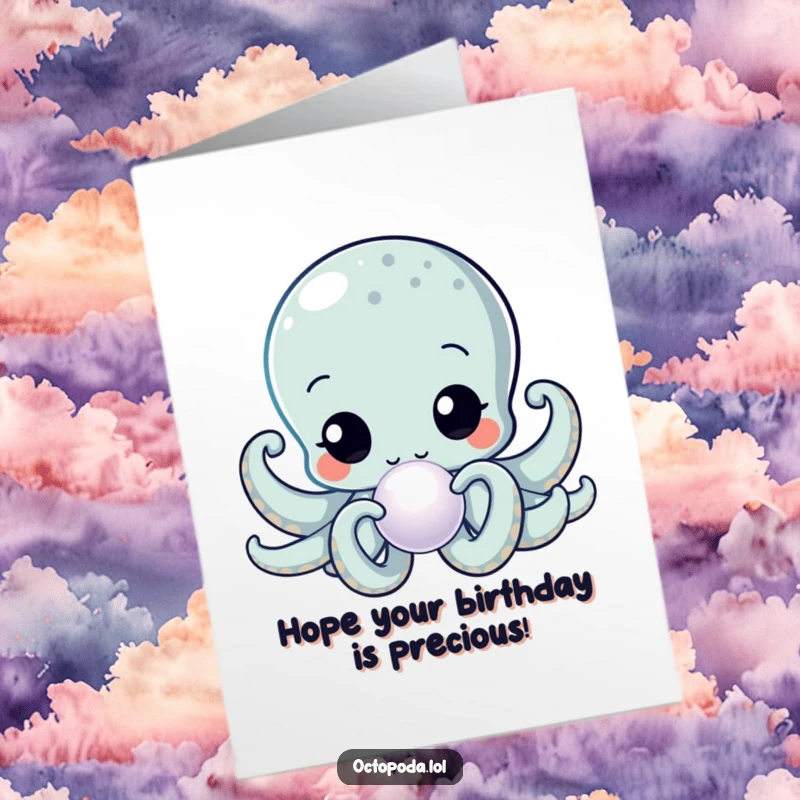 Funny Free Printable Birthday Card: Wide-eyed kawaii octopus curiously examines a lustrous, shimmering pearl with fascination.