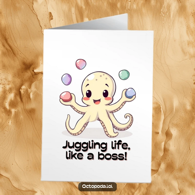 Funny Free Printable Octopus Birthday Card: Playful octopus character skillfully juggling four shiny pebbles, celebrating with a grin.