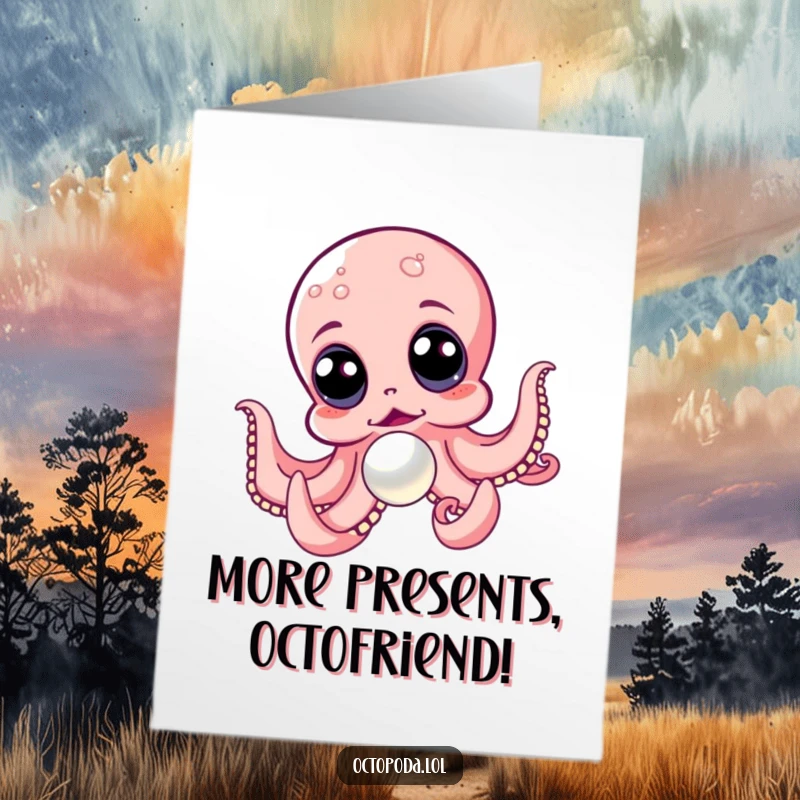 Funny Free Printable Birthday Card: An octopus with wide, excited eyes joyfully chases a single, shiny pearl across the page.